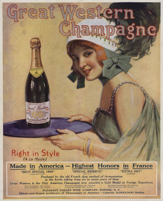 Ung kvinne med en flaske champagne, reklame for Great Western Champagne (fargelitografi) av American School