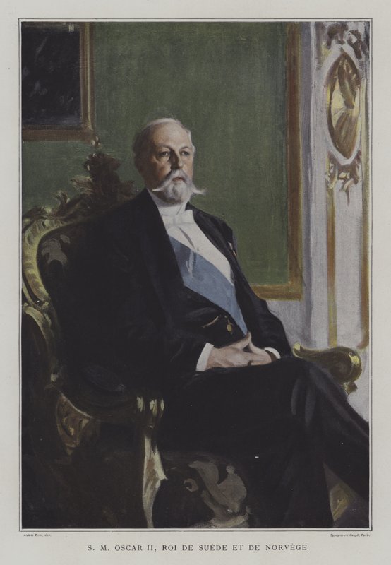 Oscar II, konge av Sverige og Norge (farge litho) av Anders Leonard (after) Zorn