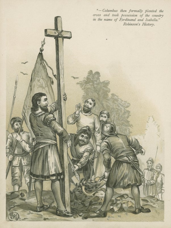 Columbus hevder den nye verden for Spania (chromolitho) av Andrew Melrose