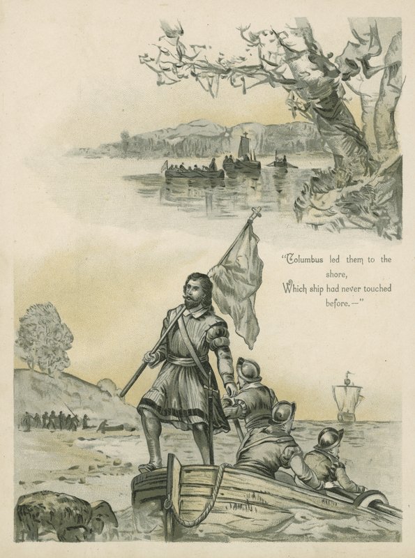 Columbus kommer i land i den nye verden (chromolitho) av Andrew Melrose