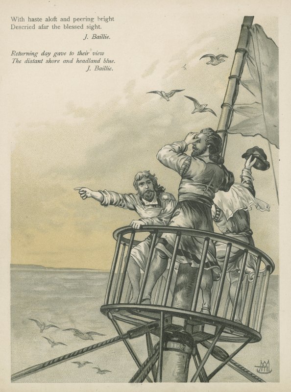 Utkikksposter som ser land i den nye verden (chromolitho) av Andrew Melrose