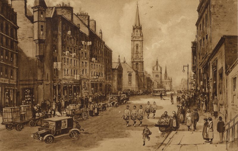 Edinburgh: High Street, med utsikt mot Tron Church og St Giles Cathedral (litho) av Andrew Allan