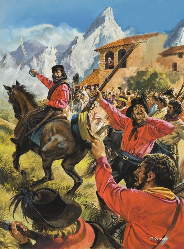 Guiseppe Garibaldi (1807–82) og hæren hans i kampen mot de napolitanske kongelige troppene (gouache på papir) av Andrew Howat
