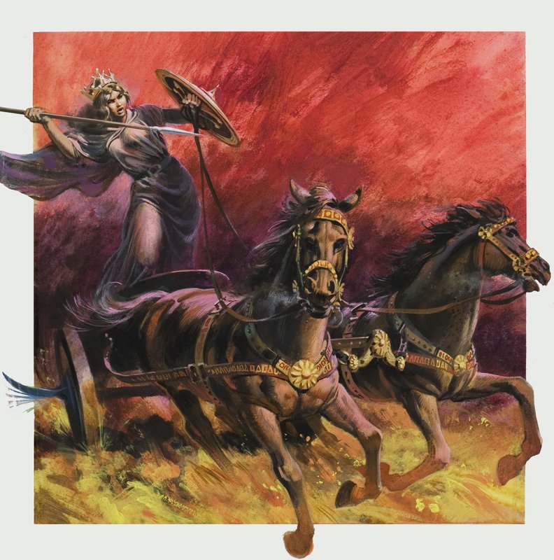 Dronning Boadicea (ca. 60 e.Kr.) (gouache på papir) av Andrew Howat