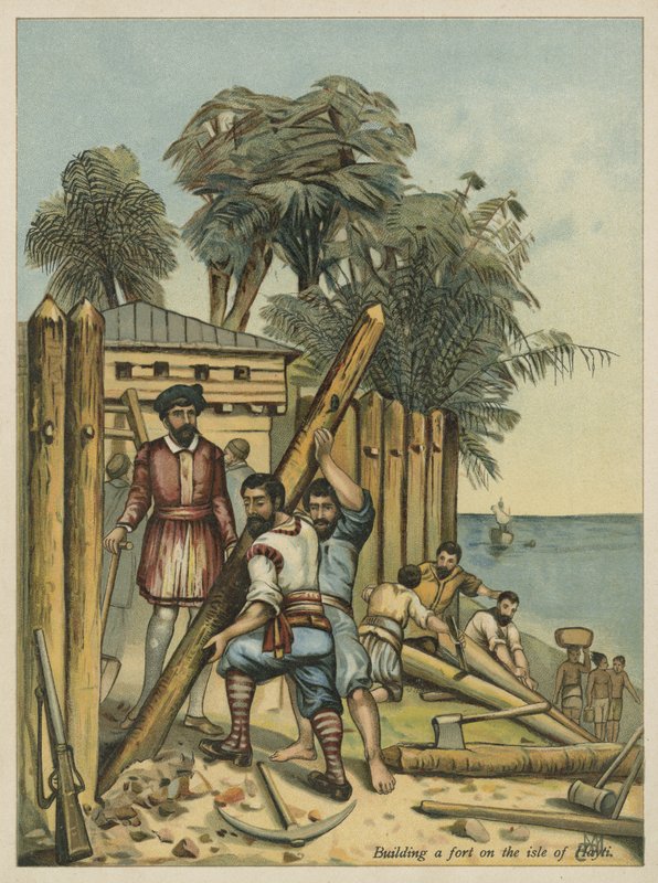 Columbus bygger et fort i Haiti (chromolitho) av Andrew Melrose