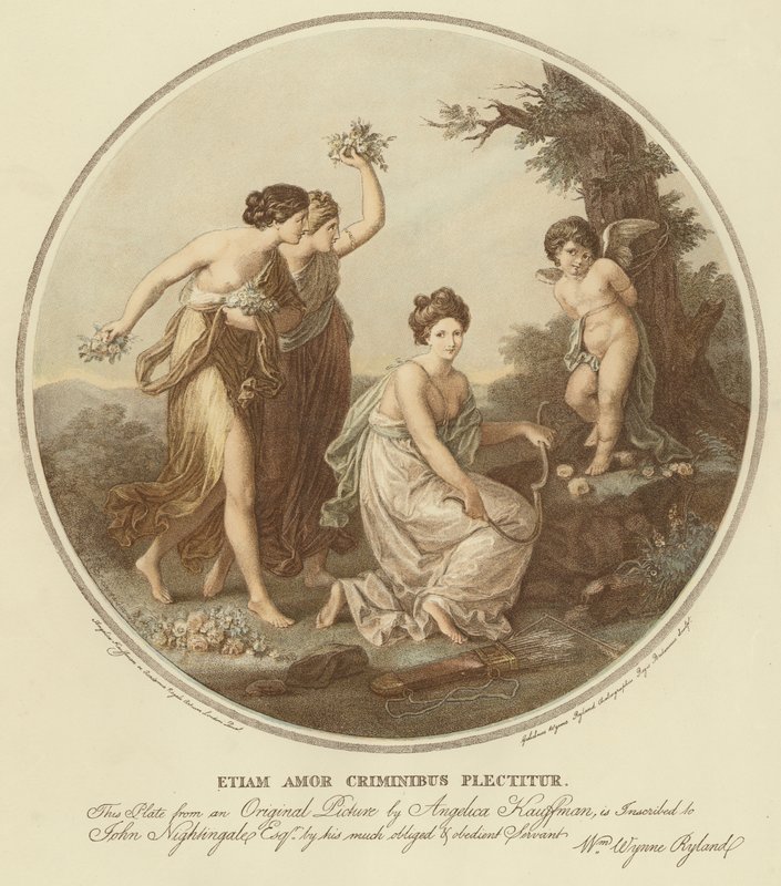 To nymfer håner amor som er bundet til et tre (farge litho) av Angelica (after) Kauffmann