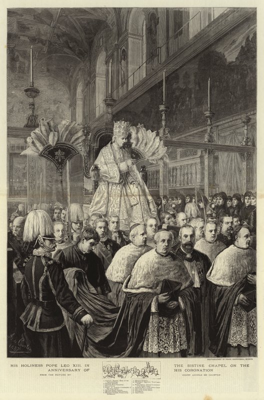 Hans Hellighet Pave Leo XIII i Det sixtinske kapell på årsdagen for hans kroningsgravering av Angelo Courten