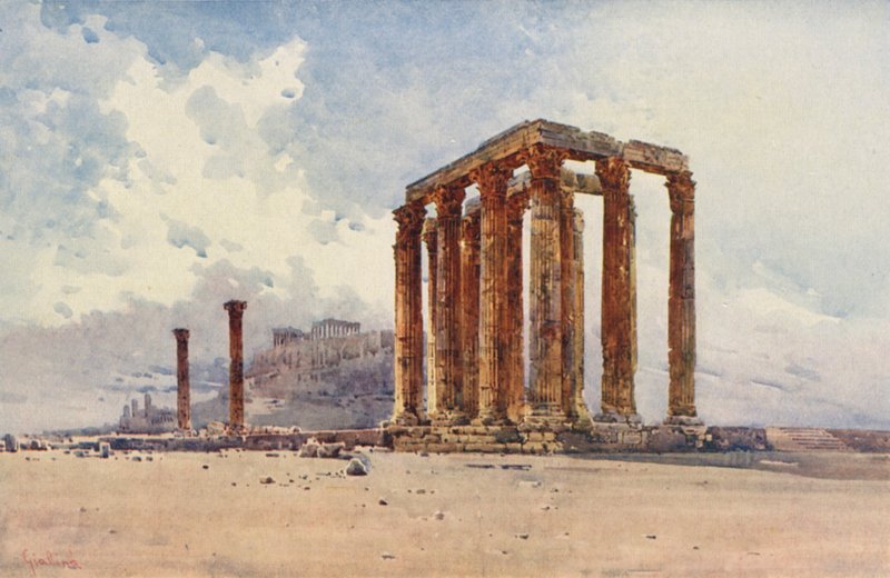 Søyler av den olympiske Zeus, Athen (farge litho) av Angelos Giallinos