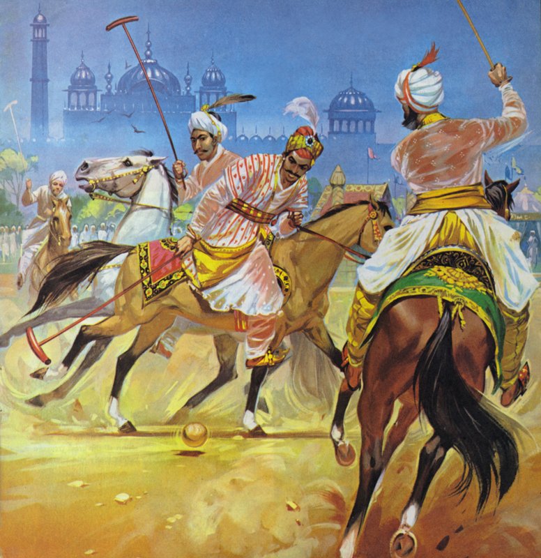 En Moghul-keiser som spiller polo (fargelitografi) av Angus McBride