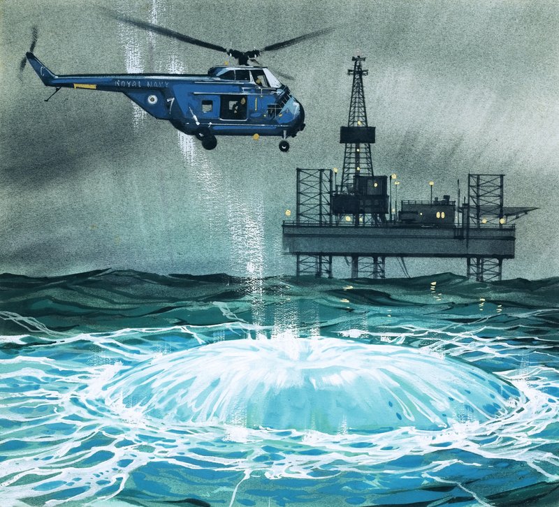 Et helikopter nærmer seg en oljeplattform av Angus McBride