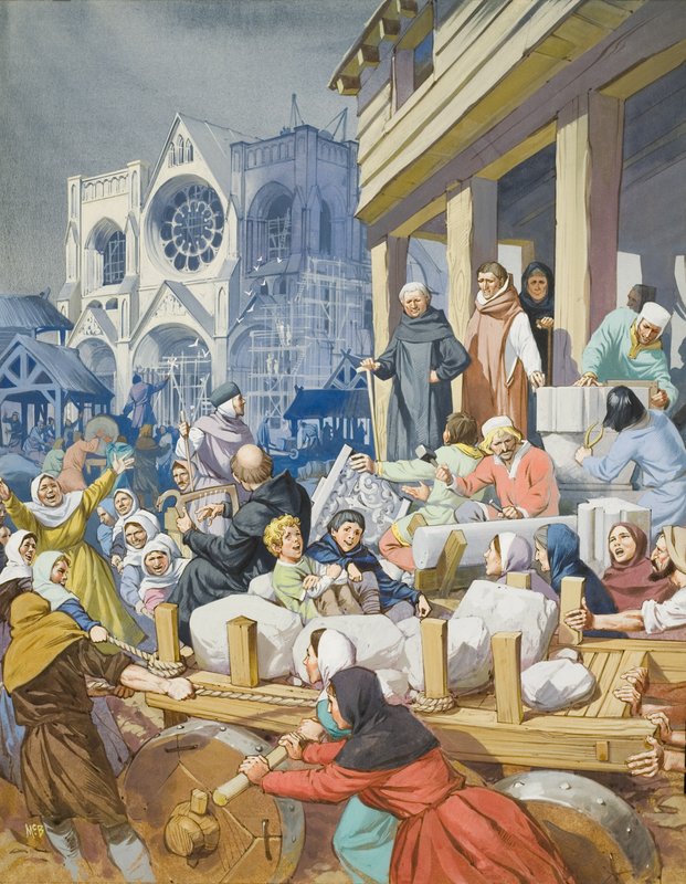 Abbed Suger (ca. 1081–1151) og byggingen av klosteret St. Denis (gouache på papir) av Angus McBride