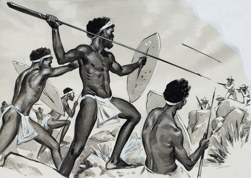 Aboriginere under angrep (gouache på papir) av Angus McBride