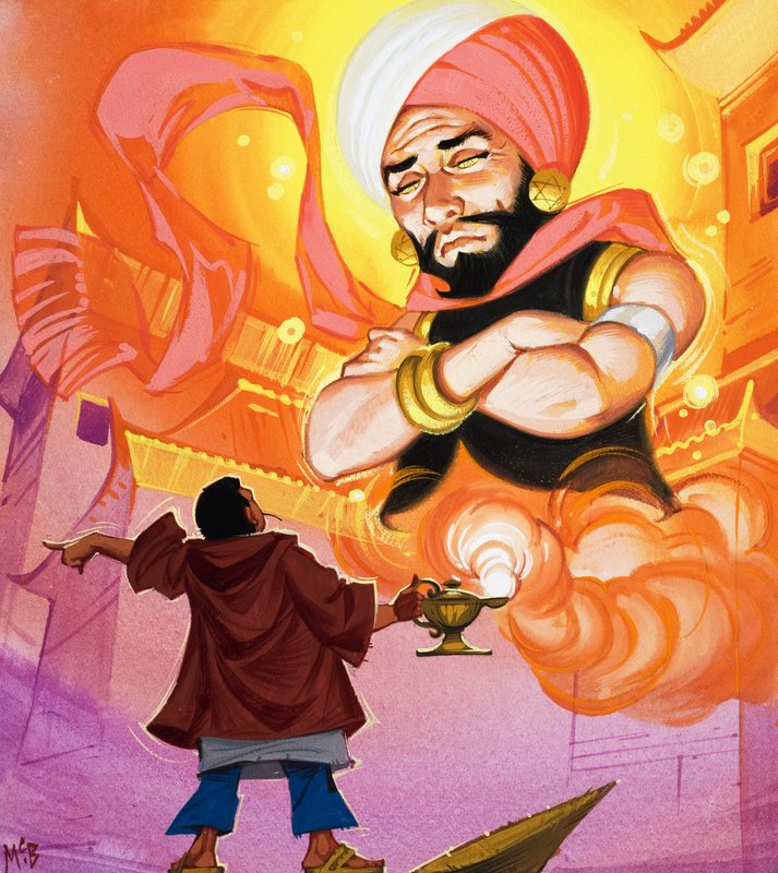 Aladdin kommanderer ånden, illustrasjon fra «Aladdin og hans fantastiske lampe» (gouache på papir) av Angus McBride