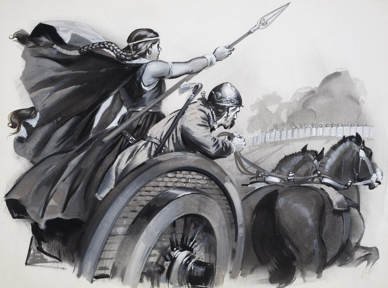 Boadicea pisker opp britenes raseri mot sine romerske overherrer (gouache på papir) av Angus McBride