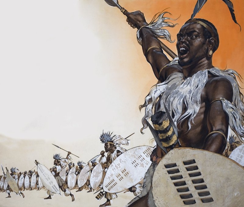 Chaka i kamp i spissen for regimentet til Tulwana impi (gouache på papir) av Angus McBride