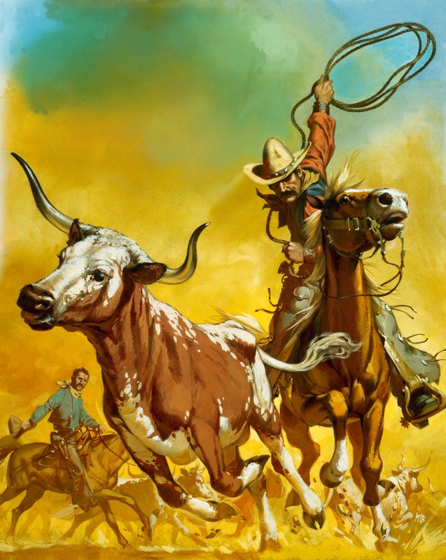 Cowboy som lassoer kveg (gouache på papir) av Angus McBride