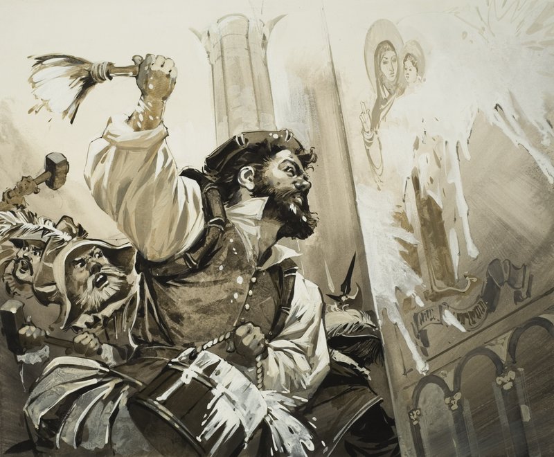 Fanatikere som stormer kirkene i Basel i det protestantiske Sveits (gouache på papir) av Angus McBride