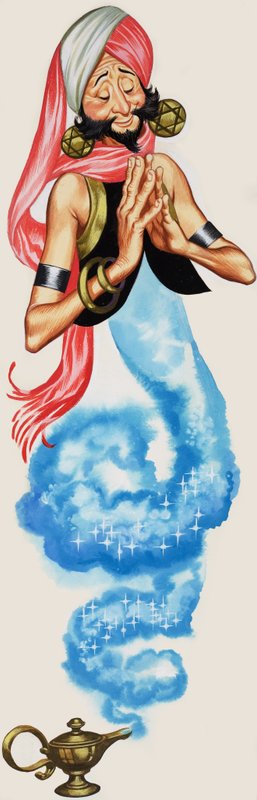 Ånden som kommer ut av lampen sin, illustrasjon fra «Aladdin og hans fantastiske lampe» (gouache på papir) av Angus McBride