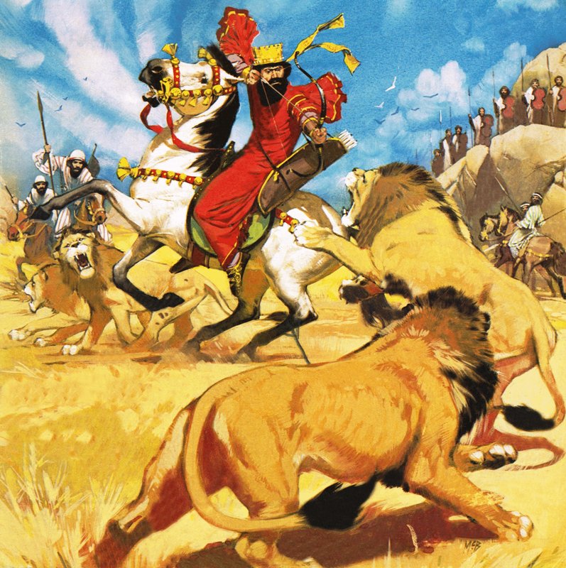 Kong Darius av Persia jakter løver av Angus McBride