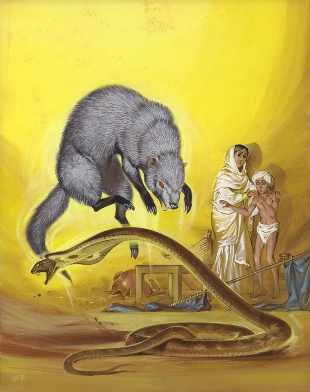 Mongoose dreper slange i indisk hjem (gouache på papir) av Angus McBride