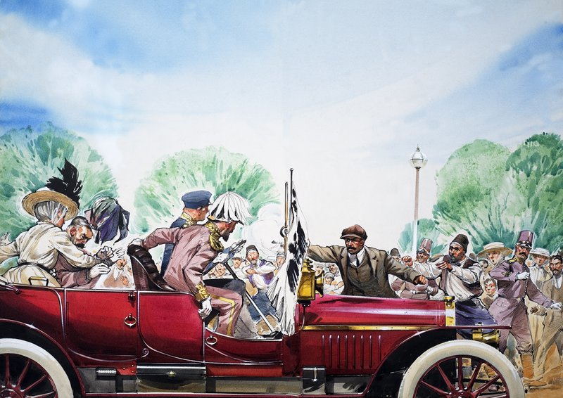 Utbruddet av første verdenskrig, illustrasjon fra «Store hendelser i verdenshistorien» (gouache på papir) av Angus McBride