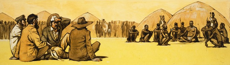 Pionerer forhandler med stammehøvdinger i Afrika av Angus McBride