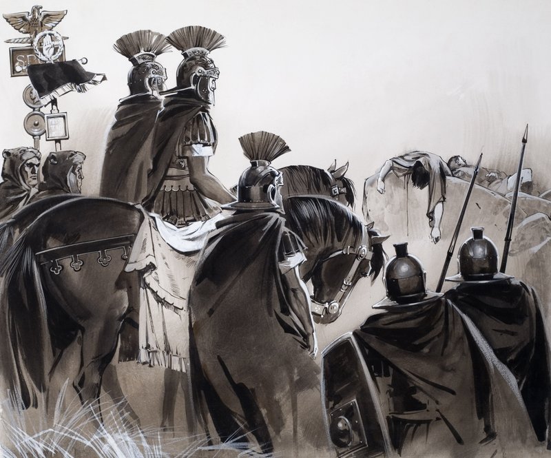 Romerske soldater etter et slag (gouache på papir) av Angus McBride