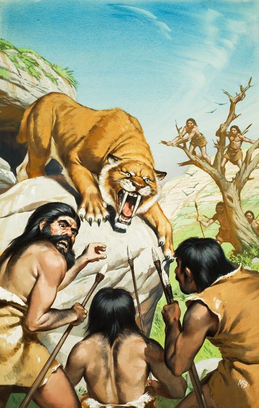 Sabeltanntiger og hulemennesker (gouache på papir) av Angus McBride