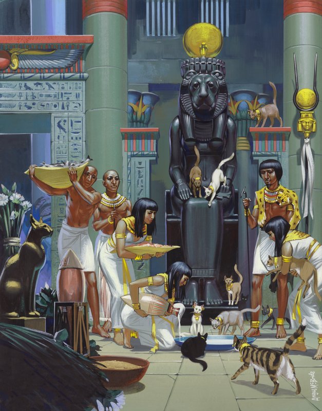 Tjenere som mater katter i et gammelt egyptisk tempel (gouache på papir) av Angus McBride