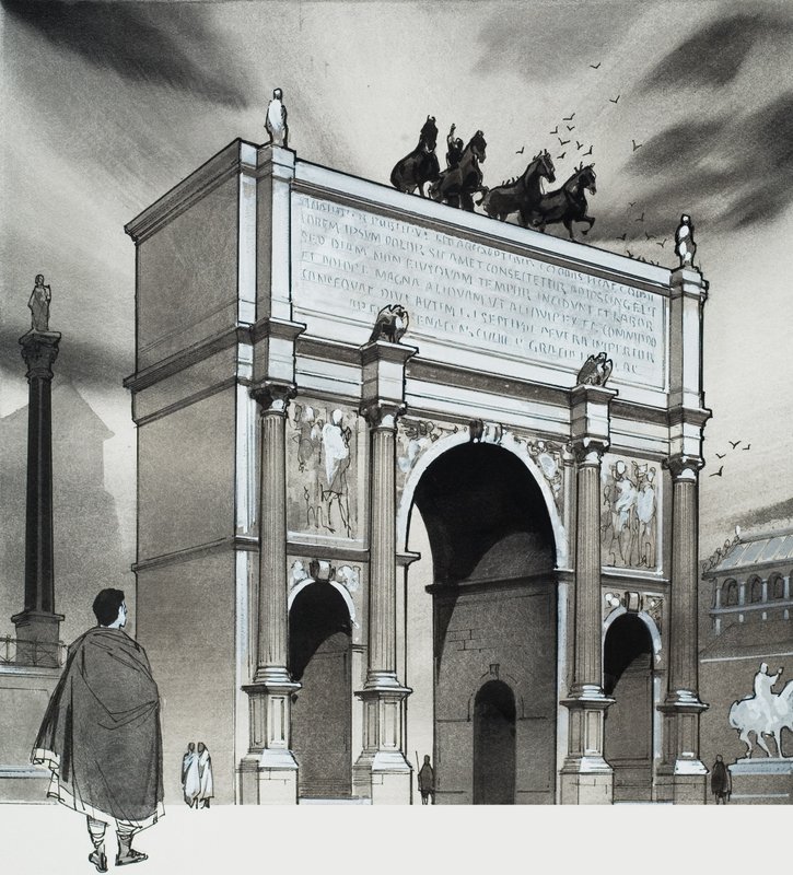 Keiser Lucius Septimius Severus#39; triumfbue, Roma (gouache på papir) av Angus McBride