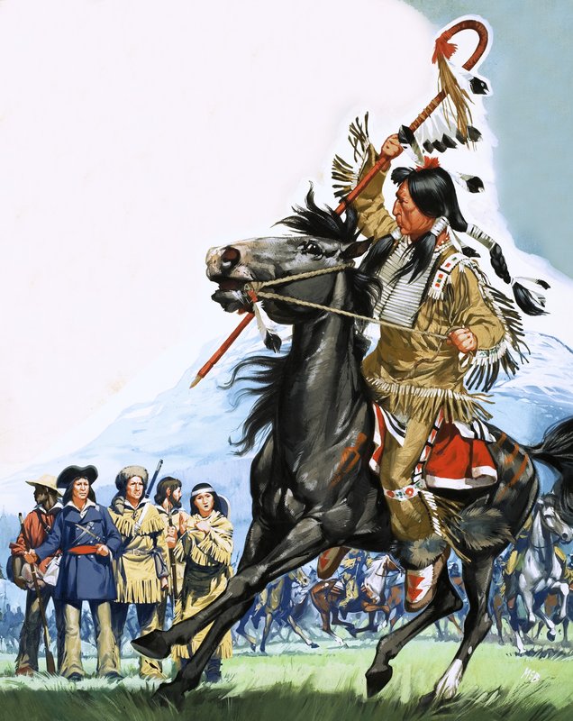 Uidentifiserte indianere omgir en liten gruppe speidere av Angus McBride