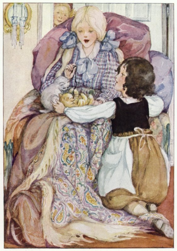 Klara holdt de små kattungene i fanget (farge litho) av Anne (after) Anderson