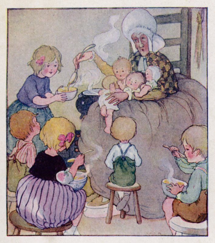 Barnerim: Det var en gammel kvinne som bodde i en sko (farge litho) av Anne (after) Anderson