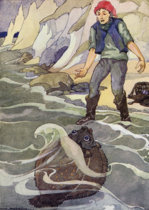 Fiskeren og hans kone, eventyr av brødrene Grimm (farge litho) av Anne (after) Anderson