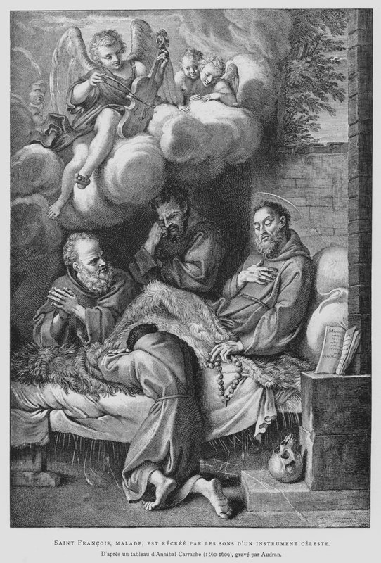 Den hellige Frans av Assisi, som lider av sykdom, blir helbredet ved lyden av et himmelsk instrument (litho) av Annibale (after) Carracci