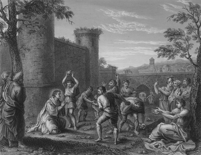 Steiningen av St Stephen (gravering) av Annibale (after) Carracci