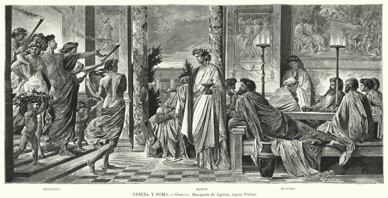 Bankett i Agathon, antikkens Hellas, ifølge Platon (litho) av Anselm Feuerbach