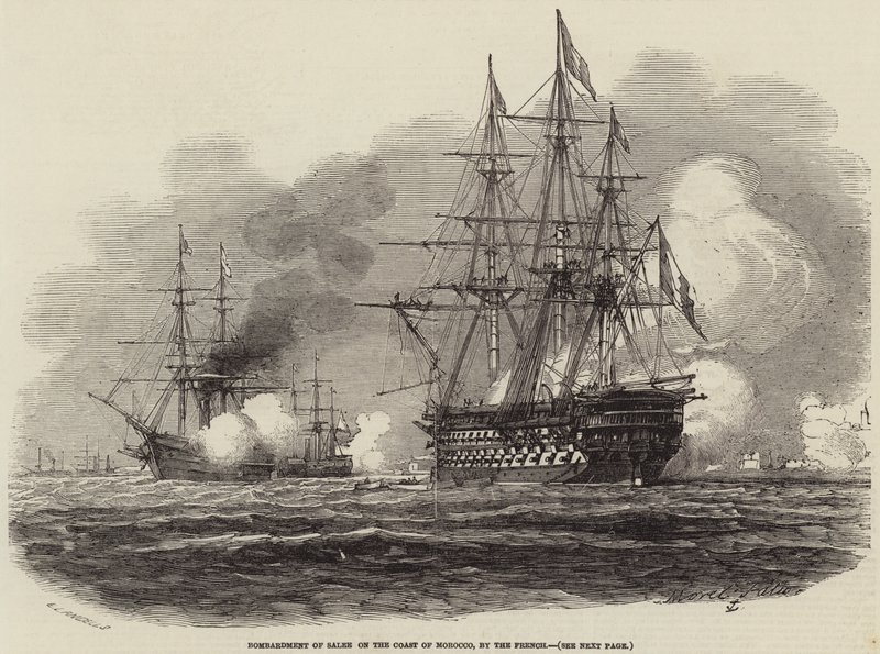 Bombardement of Salee på kysten av Marokko, av franskmennene av Antoine Leon Morel Fatio