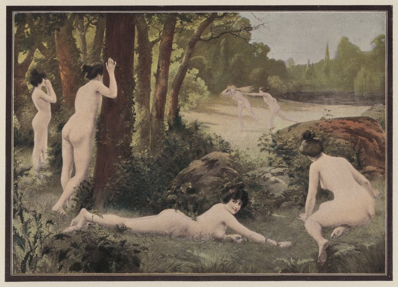 Spille spill på landsbygda (farge litho) av Antoine Auguste Thivet