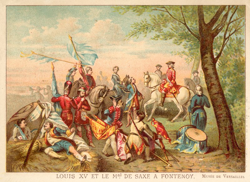 Louis XV av Frankrike og marskalk de Saxe i slaget ved Fontenoy, 1745 (chromolitho) av Antoine Charles Horace Vernet