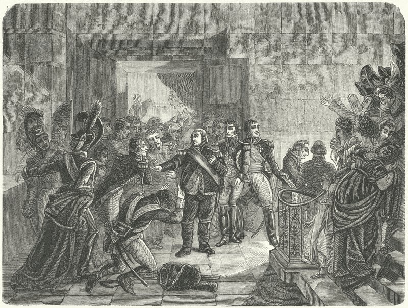 Louis XVIII forlot Tuileries-palasset etter å ha fått vite om Napoleons retur til Frankrike fra Elba av Antoine Jean (after) Gros