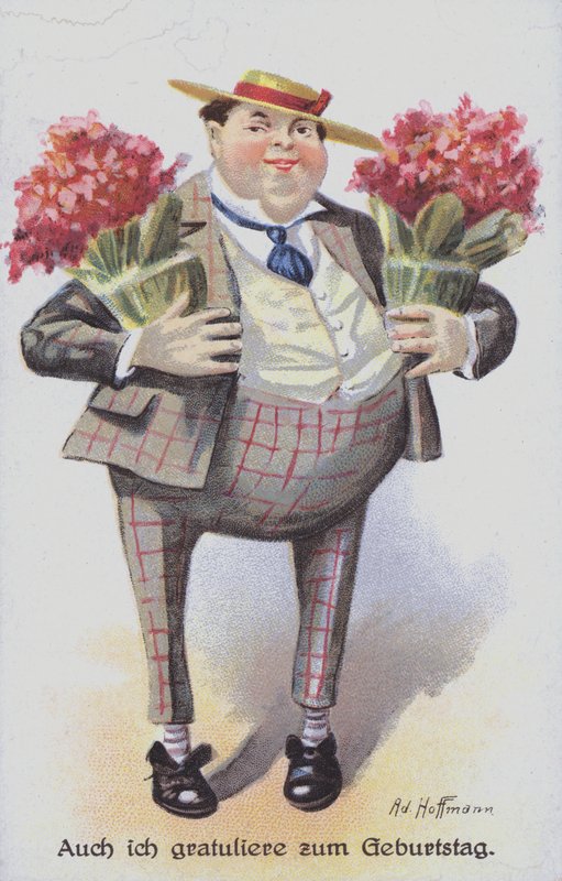Bursdagskort som viser en mann som bærer blomsterbunter (chromolitho) av Anton Hoffmann
