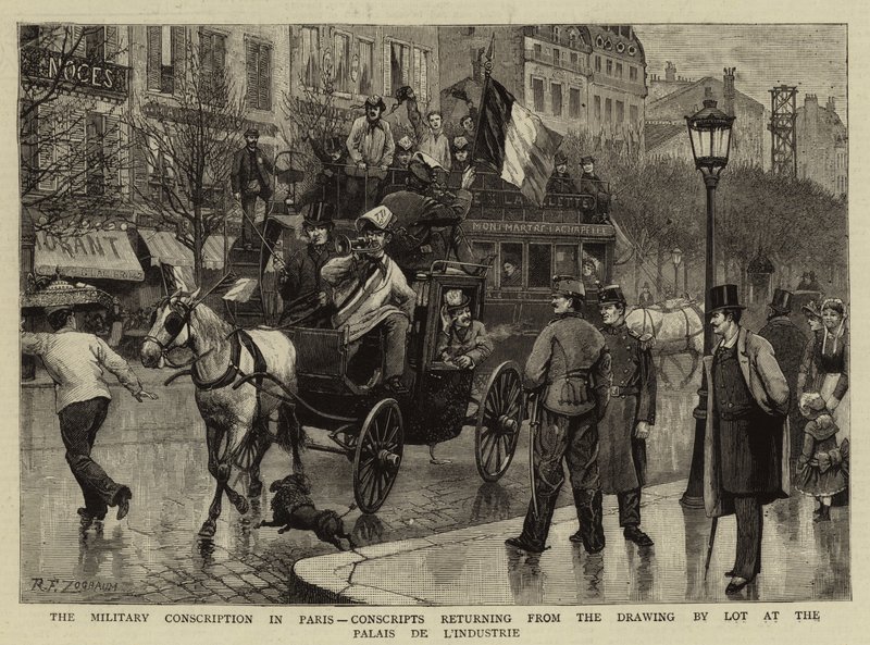 Den militære verneplikten i Paris, vernepliktige som returnerer fra loddtrekningen ved Palais de L