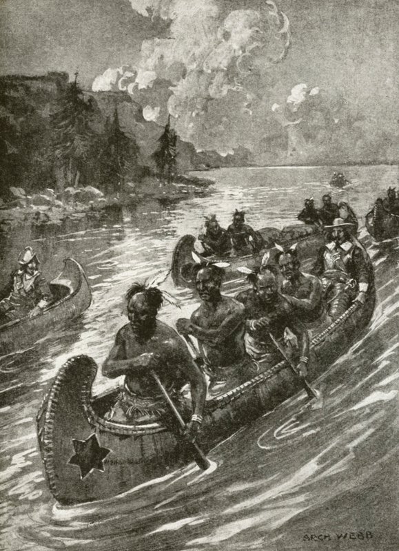 Samuel De Champlain i 1608 bestig St Lawrence-elven i kanoene til vennlige innfødte amerikanske indianere (litho) av Archibald Bertram (after) Webb