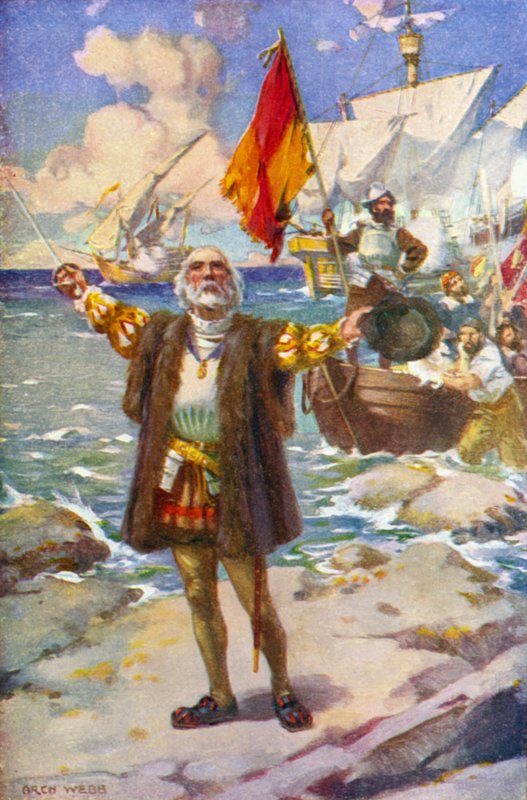 The Landing of Columbus (farge litho) av Archibald Bertram (after) Webb