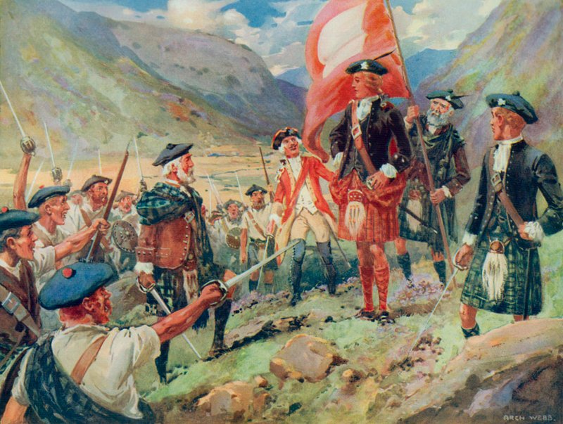 The Raising of the Standard, Bonnie Prince Charlie lander i Skottland i 1745 (farge litho) av Archibald Bertram (after) Webb