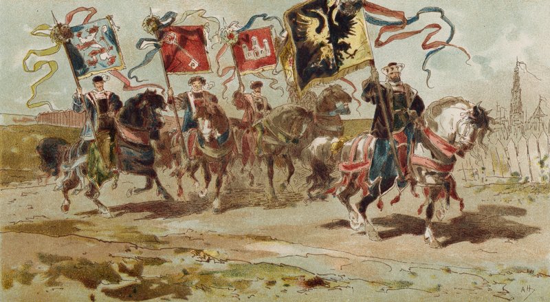 Ryttere som bærer bannere fra Hanseatic League og noen av dets medlemsbyer, Spanske Nederland, 1500-tallet av Armand Jean Heins