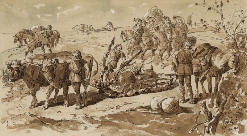 Oksetrukket slede og pakkhester i primitiv tid av Armand Jean Heins