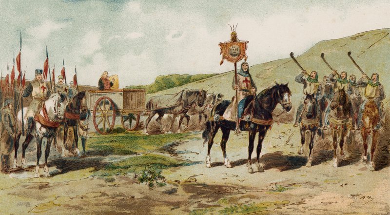 Krigsvogn og lituusblåsere, korstogenes tid, 1000-tallet av Armand Jean Heins