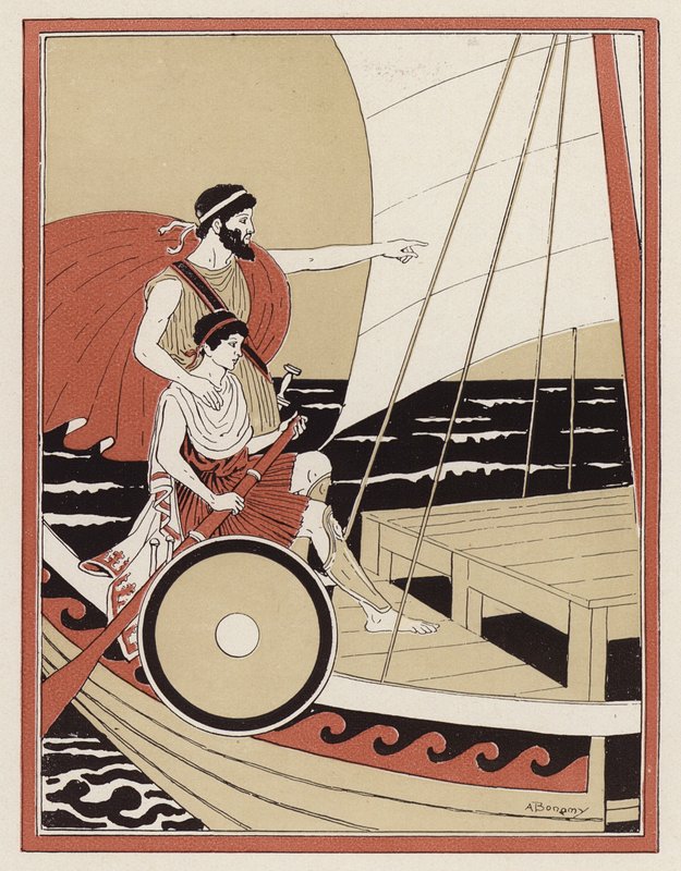 Athena veileder Telemachus i hans søken etter Odysseus (farge litho) av Armand Joseph Bonamy